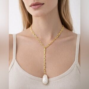 Vanessa Mooney Gold Bar Link Chain Baroque Pearl Lariat Necklace Statement